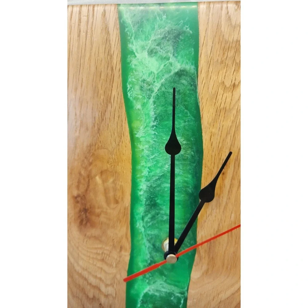 Wood and Green Epoxy Resin Wall Clock or Shelf Clock, Modern Home Decor